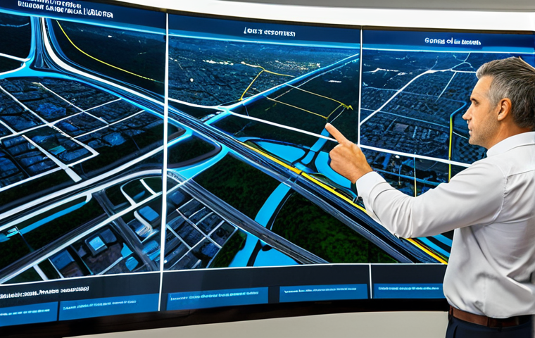 A focused logistics professional, mid-shot, fully clothed in a modest business casual shirt and trousers, standing in a modern control room. Behind them, a large screen displays a complex digital map of a vibrant, bustling Brazilian city, overlaid with real-time traffic data and optimized delivery routes. The map subtly shows varied urban infrastructure, including areas with both well-paved roads and some with less developed pathways, reflecting the challenges of the "last mile". The professional is gesturing towards the screen, engaged in problem-solving. The scene emphasizes data analysis and technology adapting to local conditions. Professional photography, high resolution, soft lighting, professional dress, appropriate attire, safe for work, perfect anatomy, correct proportions, natural pose, well-formed hands, proper finger count, natural body proportions, appropriate content, family-friendly.
