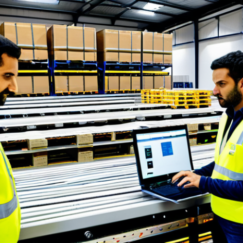 Home 10 **Image:** A modern warehouse scene in Portugal.
**Prompt:** "Interior of a bright, modern warehouse in Portugal, fully automated with robotic arms sorting packages. Pallets of olive oil and vinho verde are visible. Workers in safety vests monitor the system from computer terminals. High efficiency, clean environment, safe for work, appropriate content, fully clothed, professional."