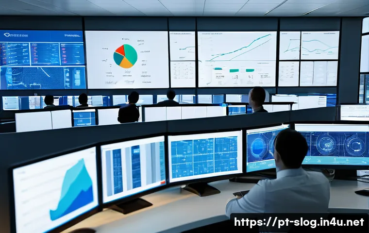 스마트물류 실무 도구와 소프트웨어 - A modern logistics control room with large digital screens displaying real-time IoT data such as GPS...