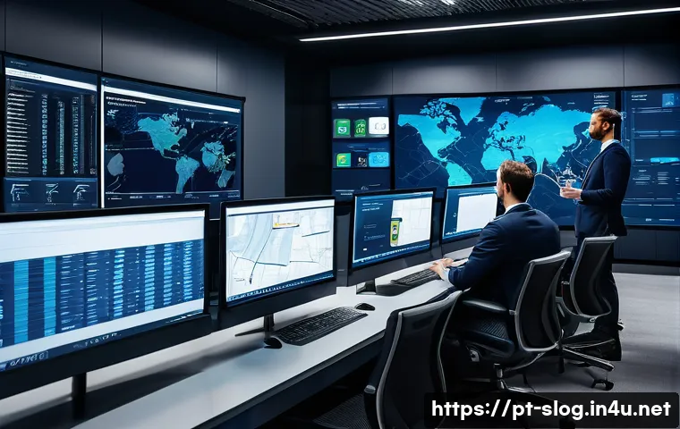 스마트물류 직무 수행 능력 강화법 - A modern logistics control room with diverse professionals collaborating around large digital screen...