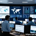 Home 19 스마트물류 관련 국제 인증 - A modern logistics control room with diverse Brazilian professionals monitoring real-time data on la...