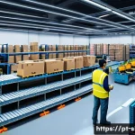 Home 18 스마트물류 물류 로봇과의 협업 - A modern logistics warehouse interior featuring advanced collaborative robots efficiently sorting an...
