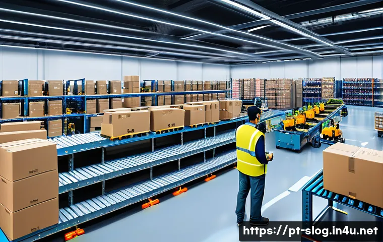 스마트물류 물류 로봇과의 협업 - A modern logistics warehouse interior featuring advanced collaborative robots efficiently sorting an...