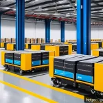 Home 23 스마트물류 자격증 필수 과목 - A modern logistics warehouse interior with advanced automation and collaborative robots actively sor...