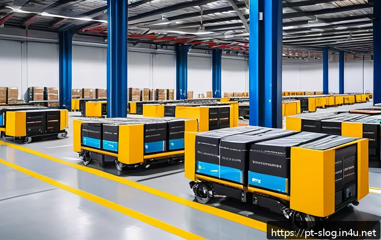 스마트물류 자격증 필수 과목 - A modern logistics warehouse interior with advanced automation and collaborative robots actively sor...