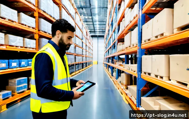 스마트물류 물류 비용 절감 사례 - Photorealistic smart logistics warehouse in Portugal, wide clean aisle with autonomous mobile robots...