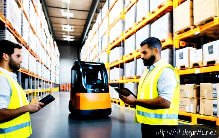 스마트물류 업무사례 성공사례 - Photorealistic smart logistics success scene in a modern Portuguese distribution warehouse, a divers...